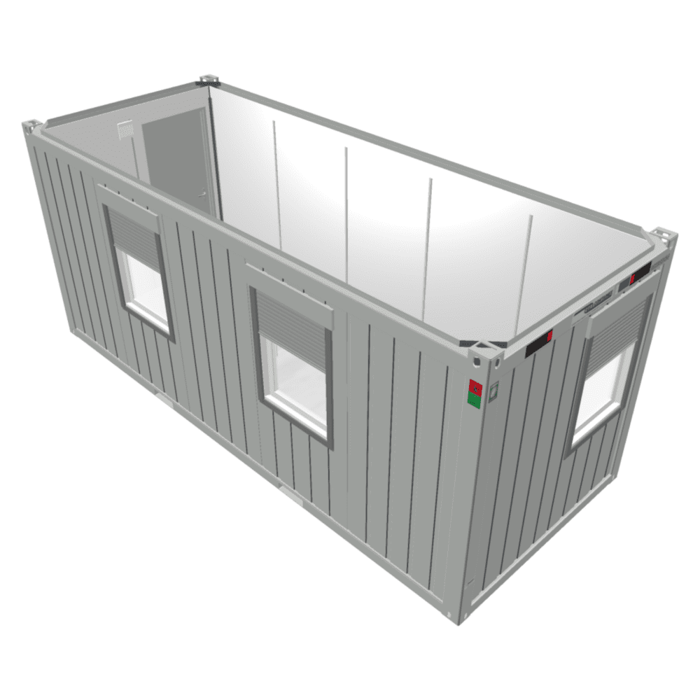 Kontorscontainer 20 fot med tre fönster i ljusgrått - 3D ritning