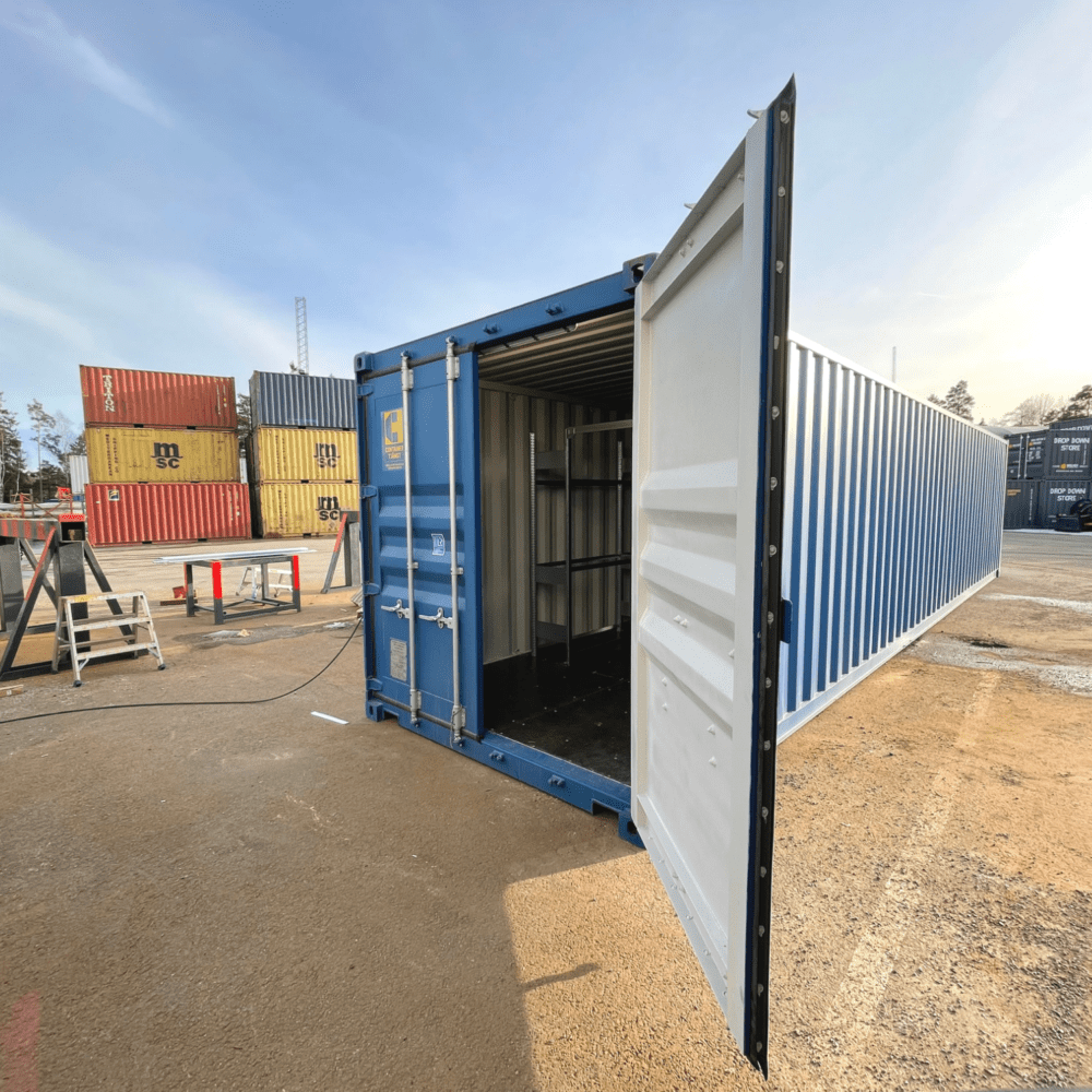 Containertjänst Däckcontainer blå 40 fot från sidan