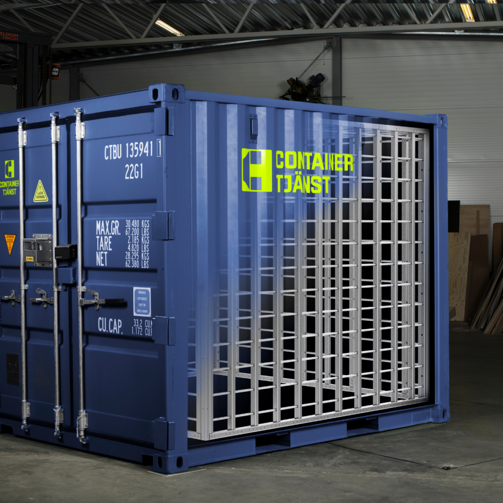 Containertjänst blå säkerhetscontainer 10 fot med 10 fot säkerhetsbur ferrapod gallerbur med containerlarm, låsbom och gångjärnskydd
