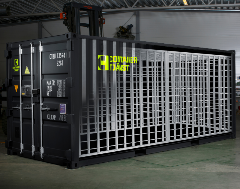 Containertjänst svart säkerhetscontainer 20 fot med 20 fot säkerhetsbur ferrapod gallerbur med containerlarm, låsbom och gångjärnskydd