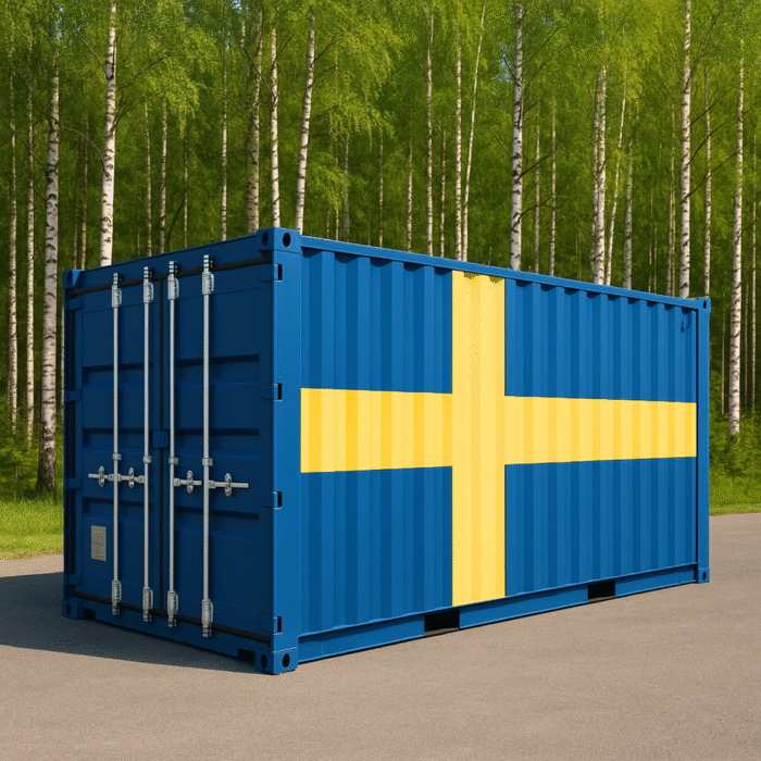 20 fots container med en svensk flagga målad på långsidan.