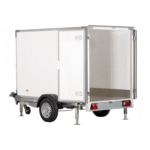 Kylsläp 8 fot från Containertjänst - långsida och baksida med stödben och öppna dörrar